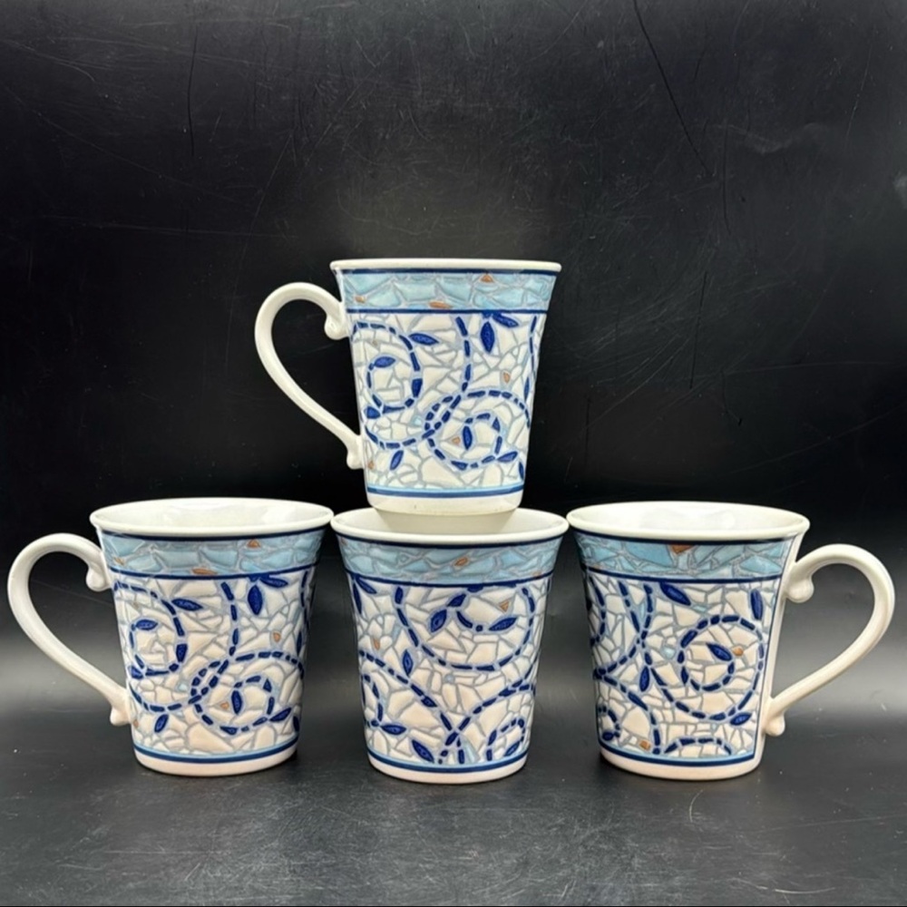 Vintage Pfaltzgraff “Monaco” 12oz Coffee Mug Tea Cup Mosaic Pattern Set of 4